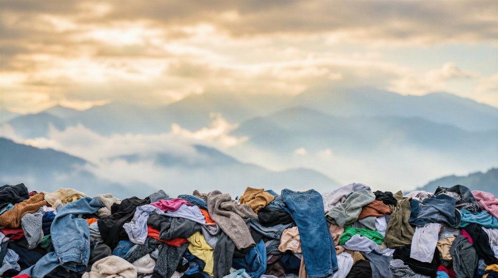 Mountain of textile waste piled high against a cloudy sky